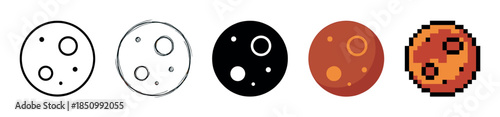 Set of five stylized planet icons showing different artistic interpretations from simple outline and hand-drawn sketch to flat color, glyph, and 8-bit pixel art