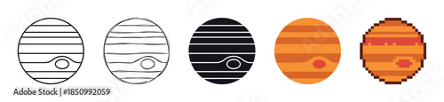 Collection of five different Jupiter planet illustrations showing multiple graphic styles like outline, doodle, glyph, flat vector, and retro 8-bit pixel art