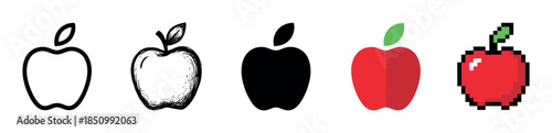 Collection of apple fruit vector illustrations showing various artistic styles from simple outline and hand-drawn sketch to modern flat design and retro 8-bit pixel art