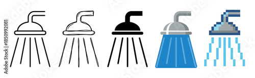 Set of five shower head icons in various graphic styles including line art, sketch, solid glyph, flat color, and pixel art, each depicting water spraying from the nozzle