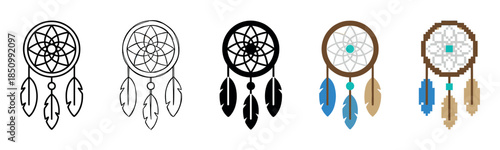 Collection of dreamcatcher amulet icons with feathers, showcasing multiple design styles like thin line art, hand-drawn sketch, solid glyph, flat color, and 8-bit pixel art