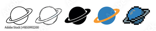 Set of five ringed planet vector icons in various design styles including line art, sketch, silhouette, flat color, and pixel art for graphic design elements