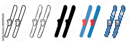 Set of ski icons in five different styles including line art, doodle, silhouette, flat design, and pixel art for winter sports and recreation concepts