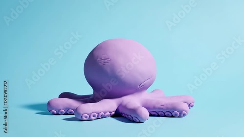 Purple Octopus Toy on Blue Background with Shadow, Minimalist and Playful Still Life.