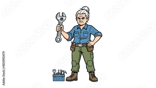 Elderly Woman Mechanic Holding a Large Wrench Confidently.