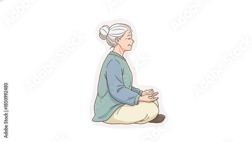 Elderly woman meditating peacefully in a seated position.