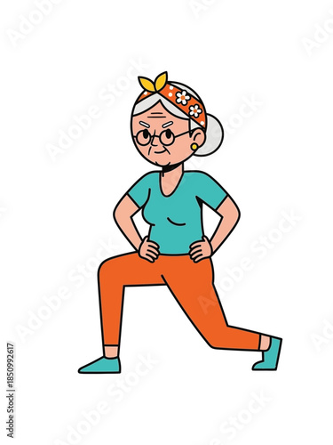 Elderly Woman Performing a Fitness Lunge Exercise.