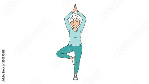 Elderly Woman Practicing Yoga Tree Pose on White Background.
