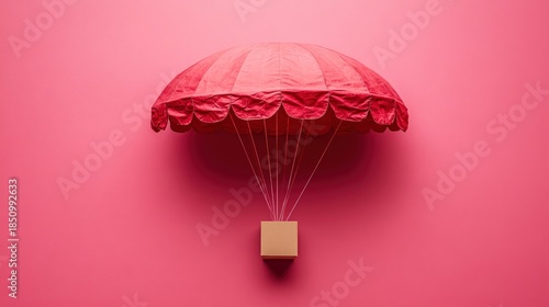 Cardboard box with red parachute on pink background, delivery concept