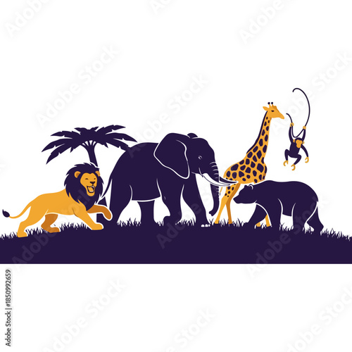 Group of wild animals including a lion elephants and a giraffe gathered together.