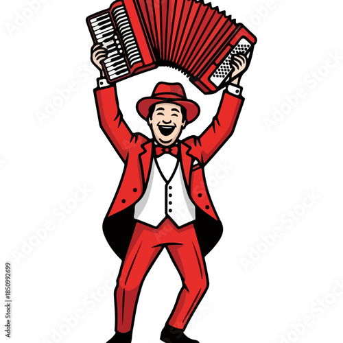 Accordion player in red suit with hat cartoon.