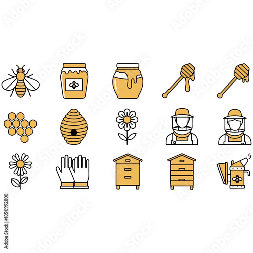 Bee and honey icon set with beekeeping elements.
