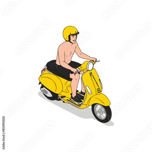 Cartoon Shirtless Man Wearing Helmet Riding Yellow Scooter.