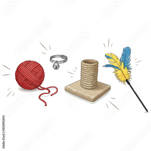 Cat Toys Set With Yarn Ball Scratch Post Feather Wand.