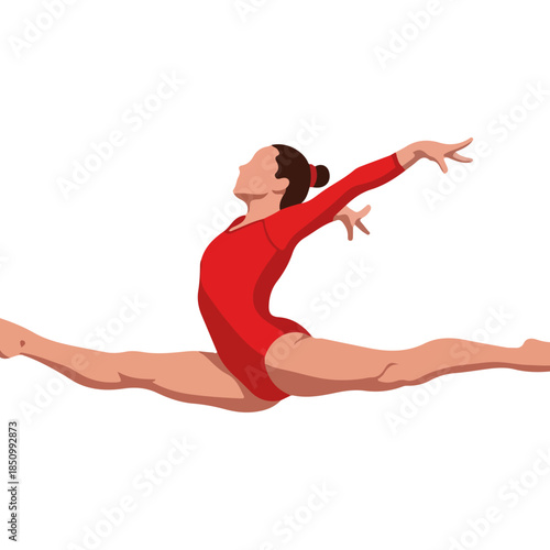Dancer in red leotard performing split leap.