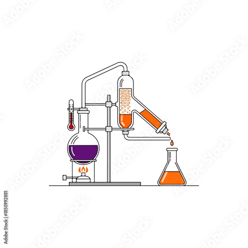 Distillation apparatus in a chemistry laboratory setup.