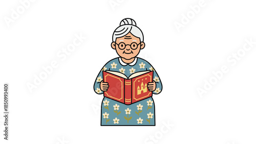 Elderly woman with glasses reading a book.