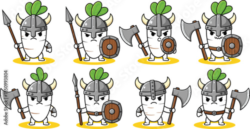 Set of cute cartoon radish warrior characters in various battle poses featuring viking helmets spears axes and shields for fantasy mascot design.