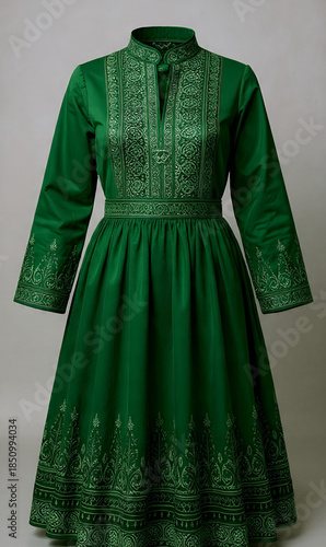 Elegant Green Traditional Embroidery Dress with Full Skirt and High Collar
