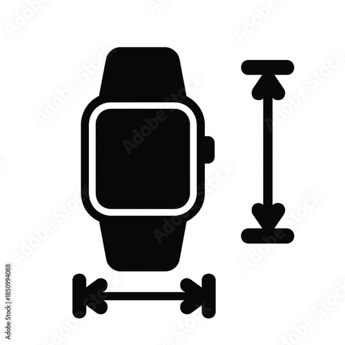 Smartwatch Silhouette: A minimalist, high-contrast silhouette of a smartwatch, with two directional arrows indicating length and width dimensions, symbolizing technology and functionality.