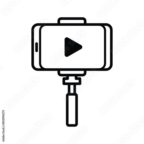 Smartphone with play button on screen attached to selfie stick