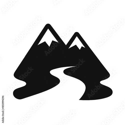 Serene Mountain Path: A simplified silhouette of majestic mountains and a winding path, conveying a sense of adventure, exploration, and the allure of the great outdoors.