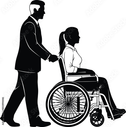 Man pushing woman in wheelchair silhouette, caregiver assistance for disabled person, accessibility support concept, black and white vector illustration