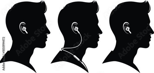 Profile silhouettes of men wearing wireless earphones, male head vector with earbuds, podcast and music listener icons, modern technology audio accessories
