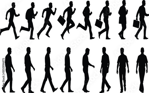 Businessman silhouettes running and walking with briefcases, professional male motion sequence illustrating work commute and career progress isolated on white background