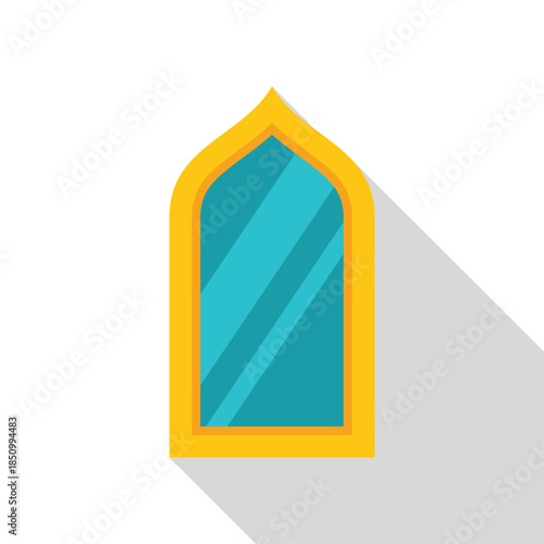 Traditional arabian window design with yellow frame and blue glass, reflecting light and adding an exotic touch to architecture