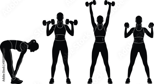 Female fitness silhouette performing dumbbell strength training exercises, athletic workout poses illustrating gym weightlifting routine isolated on white background