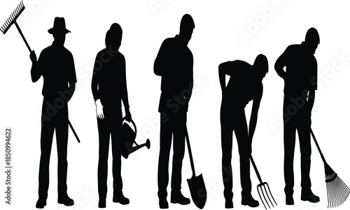Gardening people silhouettes using tools like rake, shovel and watering can, male and female gardeners working outdoors isolated on white background