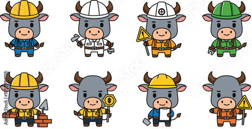 Set of cute cartoon bull construction worker characters in various professional roles including builder engineer handyman and contractor for industry mascot design.