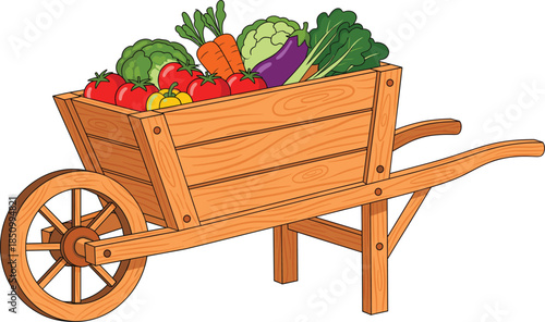 Rustic wooden wheelbarrow full of fresh harvest vegetables including carrots tomatoes broccoli and greens for farming gardening and organic food market concepts.