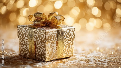Luxurious gold gift box with elegant bow on sparkling background