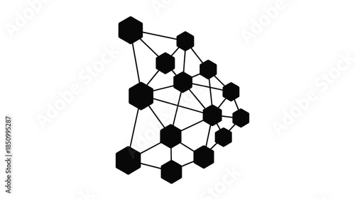 Abstract geometric arrangement of interconnected black hexagons on a stark white background