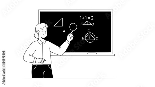 Flat vector illustration of a teacher explaining lesson at blackboard, friendly style, education concept, simple shapes, modern flat design, isolated on white background