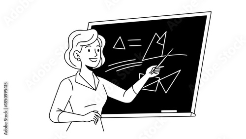 Flat vector illustration of a teacher explaining lesson at blackboard, friendly style, education concept, simple shapes, modern flat design, isolated on white background