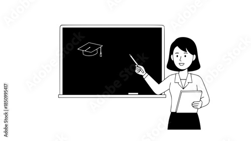 Flat vector illustration of a teacher explaining lesson at blackboard, friendly style, education concept, simple shapes, modern flat design, isolated on white background