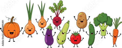 Vector illustration set of ten cute kawaii vegetable characters including a pumpkin, carrot, broccoli, and tomato for healthy eating and nursery designs.