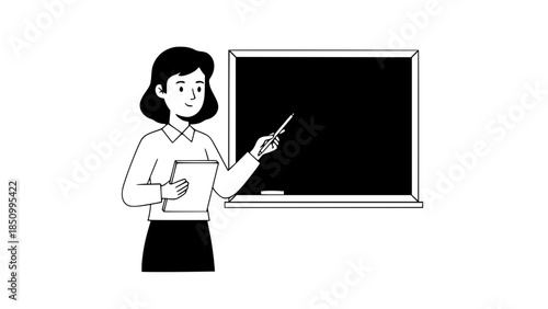 Flat vector illustration of a teacher explaining lesson at blackboard, friendly style, education concept, simple shapes, modern flat design, isolated on white background