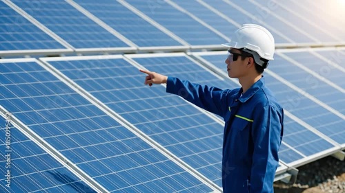 Solar Energy Technician Inspecting Photovoltaic Solar Panels at a Renewable Energy Site