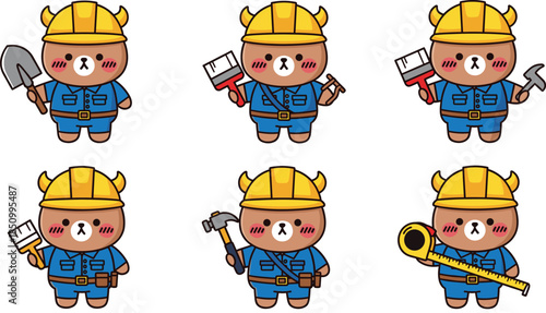 Cute cartoon bear construction worker characters collection featuring builder mascots with shovel paint brush hammer and measuring tape for industry professional design.