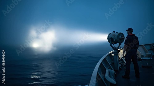 Eerie Nighttime Maritime Scene with Spotlight and Fog on Calm Waters