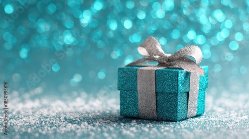 Sparkling teal gift box with silver ribbon on glittering background