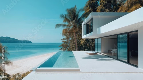 A minimalist, white modern house with glass windows and doors sits on the beach in Thailand, surrounded by palm trees. The sea is a calm, blue expanse.