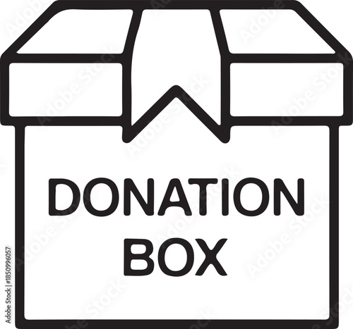 Donation Box Icon Outline Design, Black line donation box icon representing charity, giving, and fundraising, commonly used for nonprofit websites, apps, and social support concepts.

