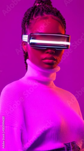 A portrait of an African woman with braided hair, wearing futuristic VR glasses