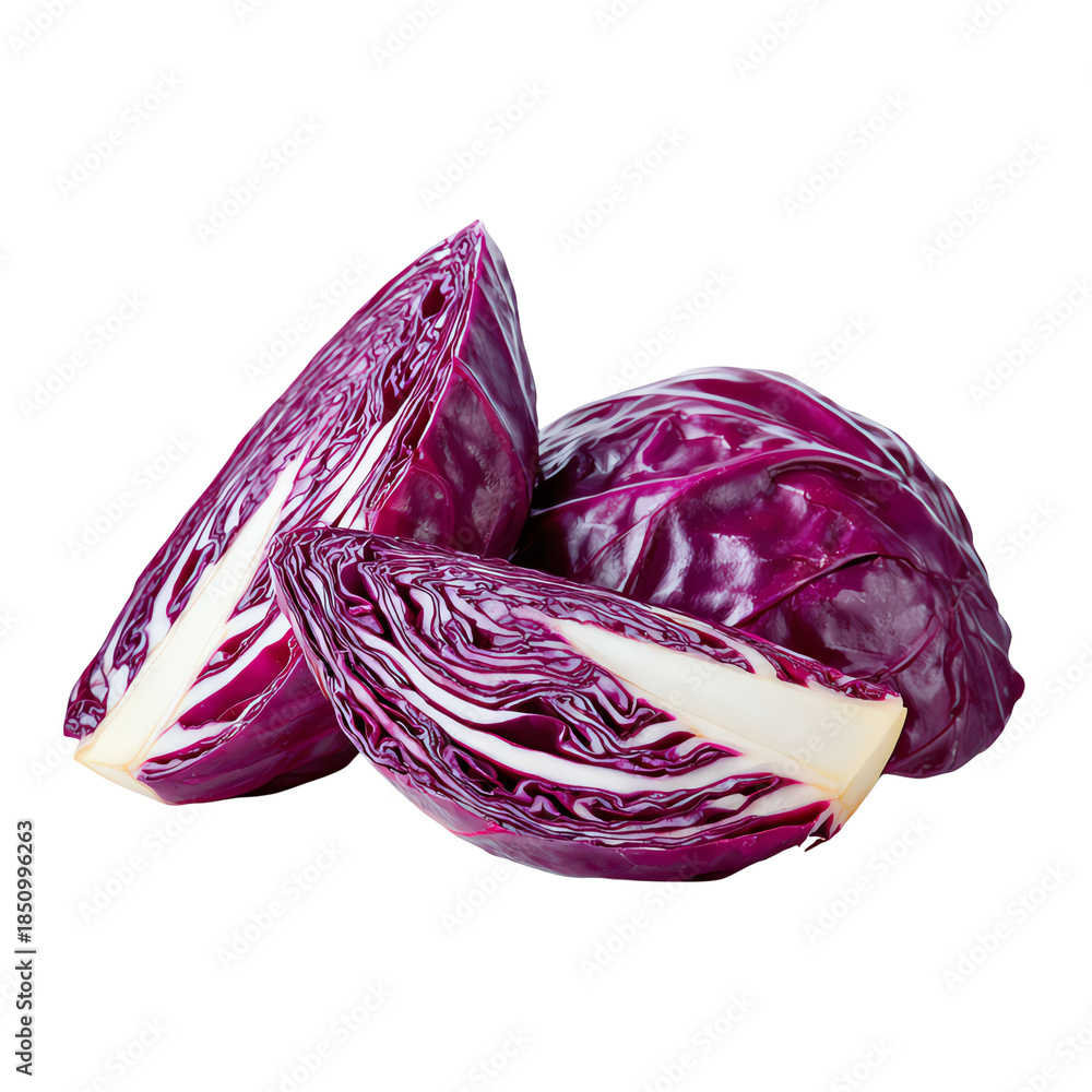 Fototapeta premium Fresh purple cabbage wedges on a white isolated background, showcasing vibrant colors and crisp texture, perfect for culinary presentations.