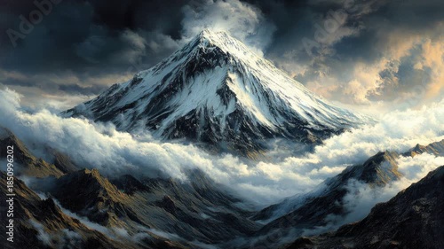 A large, snow-capped mountain peak surrounded by clouds against a dark grey sky.
